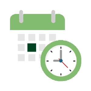 A green and white clock is next to a calendar.